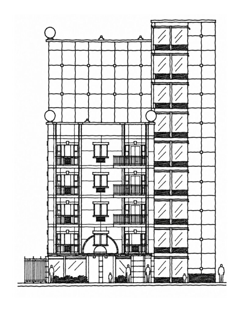 Front elevation drawing of the Putnam Avenue residential building showing the multi-story facade, balconies, windows, entrance, and taller glazed tower element.