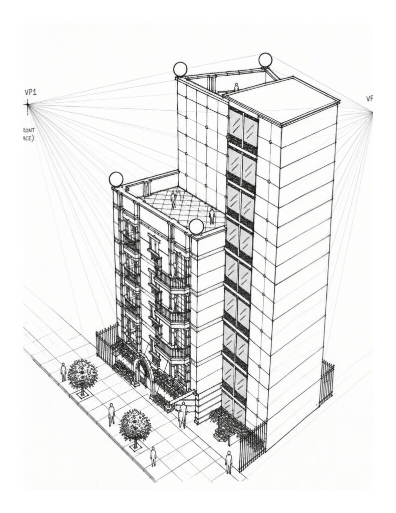 Elevated perspective drawing of the Putnam Avenue residential building showing the front facade, taller glazed tower, rooftop terraces, balconies, fencing, and surrounding sidewalk.