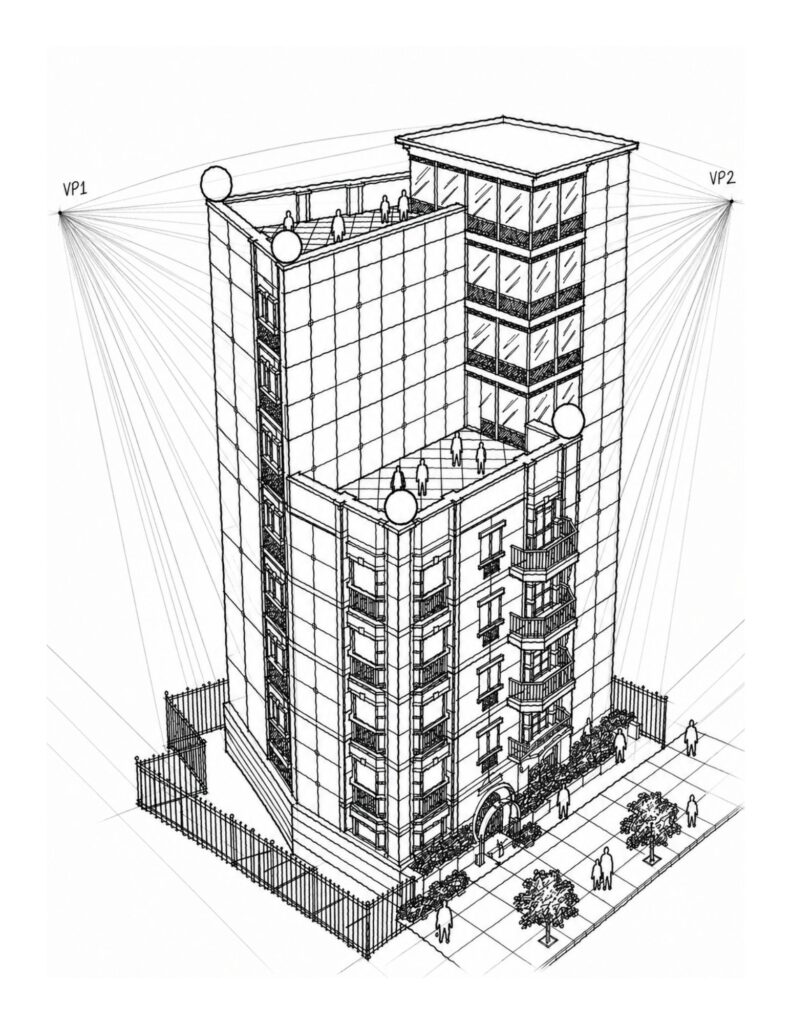 Elevated corner perspective drawing of the Putnam Avenue building showing the residential facade, tall tower volume, rooftop terraces, balconies, and surrounding streetscape.