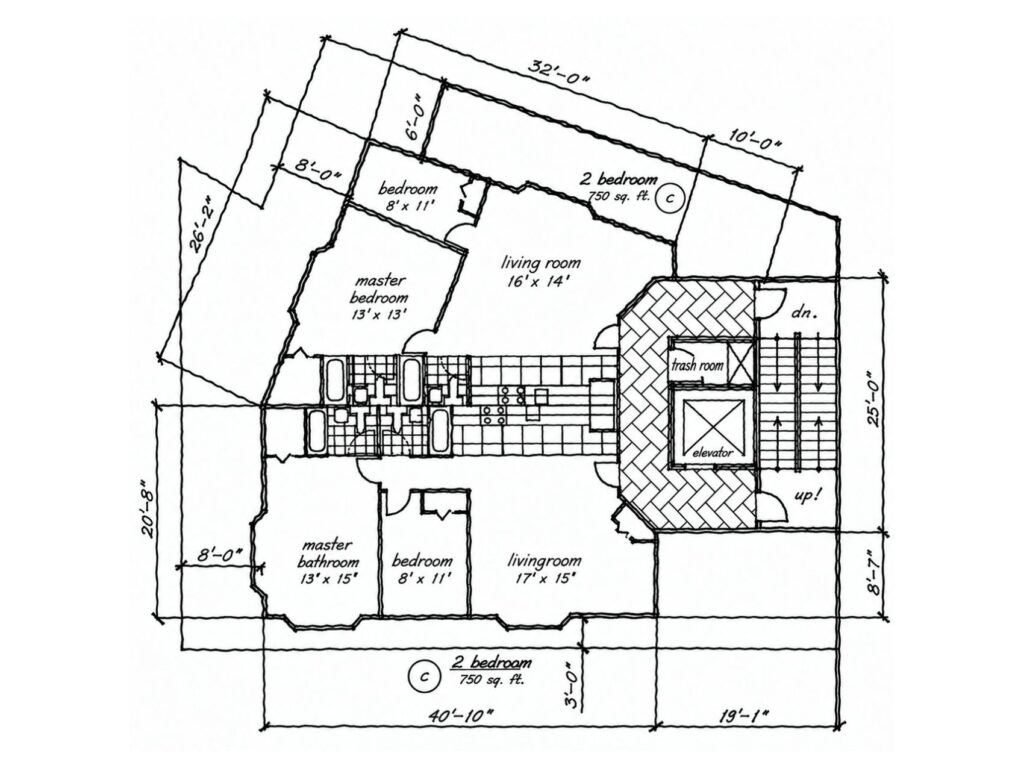 Second-floor plan study for the Putnam Avenue residential project showing two-bedroom unit layouts, bedrooms, living spaces, bathrooms, elevator, stairs, and mechanical core.