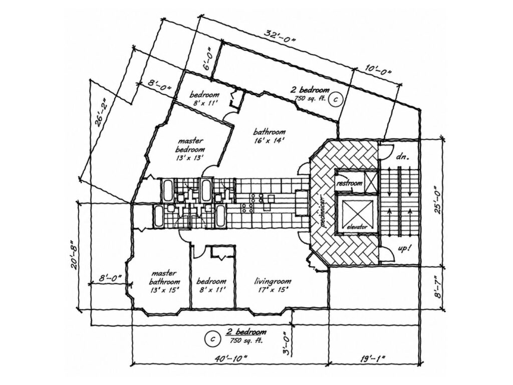 Second-floor plan study for the Putnam Avenue residential project showing two-bedroom unit layouts, bedrooms, living spaces, bathrooms, elevator, stairs, and mechanical core.