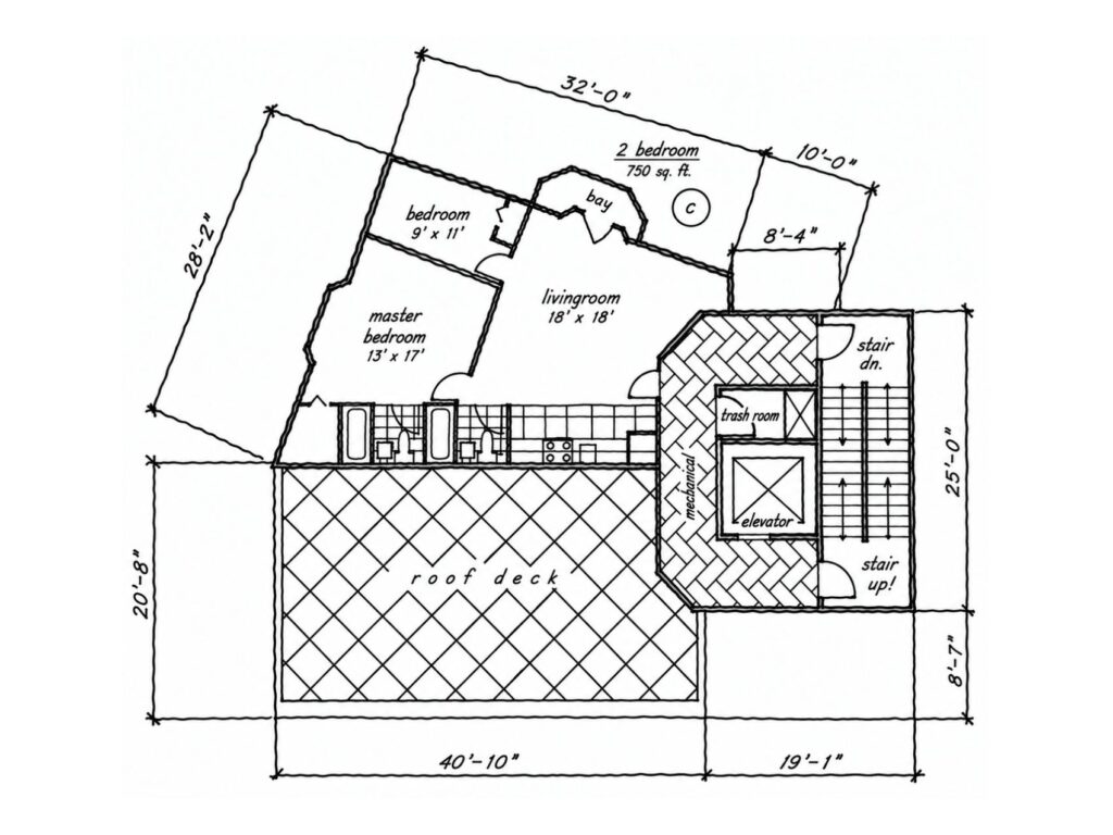 Seventh-floor plan study for the Putnam Avenue project showing a two-bedroom residence, living area, bathrooms, kitchen, roof deck, elevator, stairs, and mechanical core.