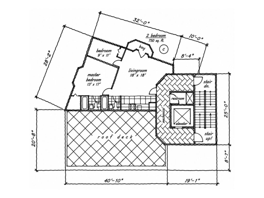Seventh-floor plan study for the Putnam Avenue project showing a two-bedroom residence, living area, bathrooms, kitchen, roof deck, elevator, stairs, and mechanical core.