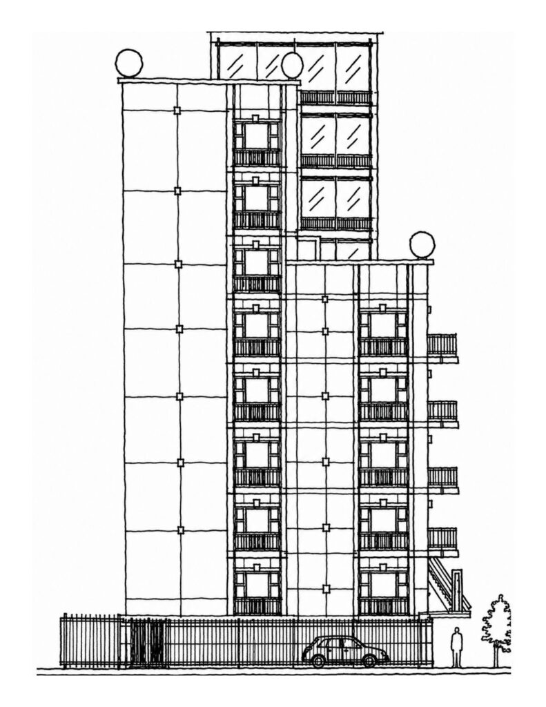 Side elevation drawing of the Putnam Avenue residential building showing the stepped building mass, balconies, windows, rooftop elements, fencing, and street frontage.
