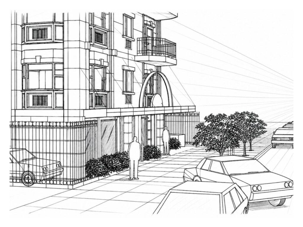 Street-level perspective drawing of the Putnam Avenue building showing the entrance, lower facade, balconies, sidewalk, fencing, landscaping, pedestrians, and parked cars.