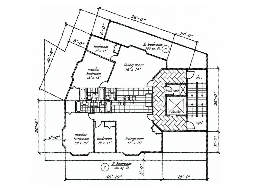 Typical third-through-sixth-floor plan for the Putnam Avenue residential project showing two-bedroom units, living and dining spaces, bathrooms, elevator, stairs, and mechanical core.