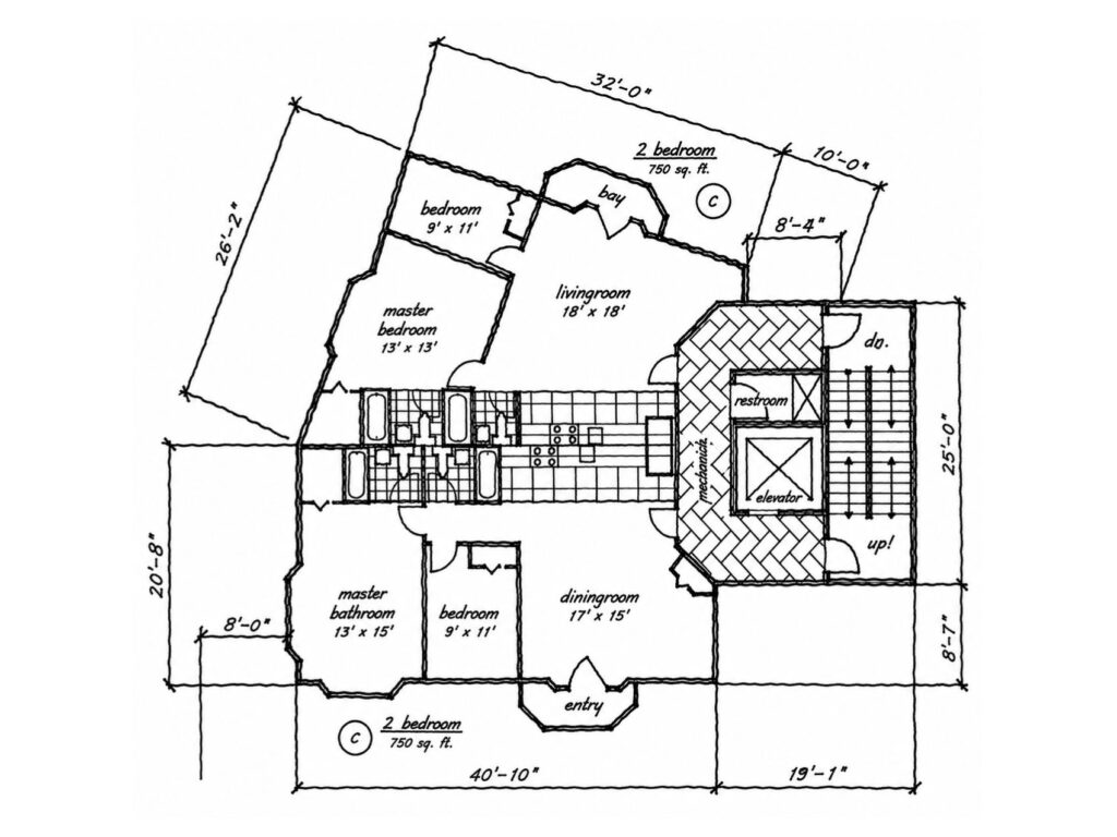 Typical third-through-sixth-floor plan for the Putnam Avenue residential project showing two-bedroom units, living and dining spaces, bathrooms, elevator, stairs, and mechanical core.